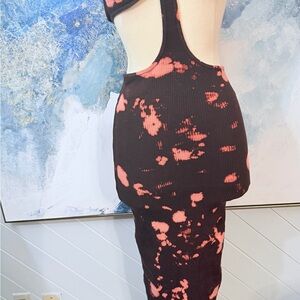 Black and Coral Tie-Dye Maxi Dress with Side Cutout